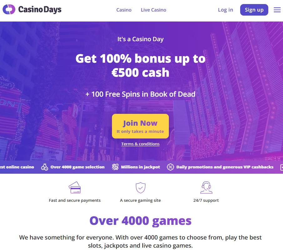 Casino Days homepage, CasinoDays mainpage